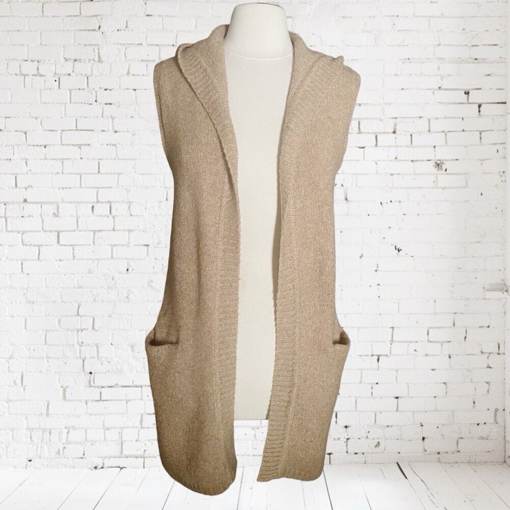 Tahari Cardigan Sweater Hoodie Vest Size M Womens Camel Tan Wool Blend Pockets